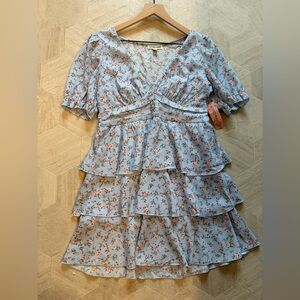 Inspired Hearts Soft Blue‎ Dress with Pink Floral Pattern